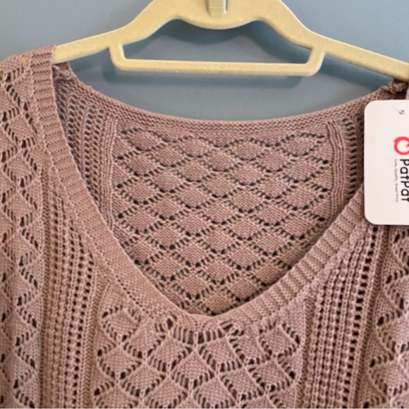 NWT PatPat Pointelle Open Weave V Neck Long Sleeve Sweater Mauve Beige S… - Picture 2 of 8